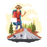 Man Hitch Hikers Characters with Backpack Trying Stop Car Highway Road vector