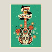 Esqueleto colorido con fondo de guitarra para el día de los muertos vector