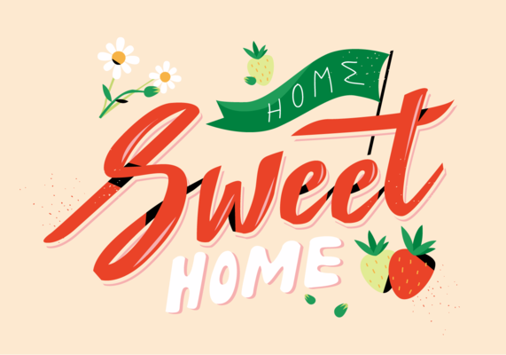 Cute Strawberry With Letttering Home Sweet Home Vector Flat Illustration