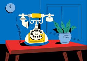 Vintage Rotary telephone On Desk Vector Flat Illustration