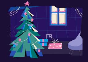 Christmas Tree Silhouette In Livingroom Vector Flat Illustration