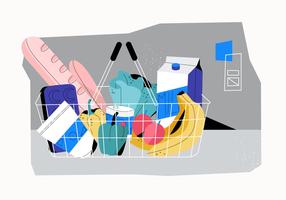 Grocery Shopping Basket Full Of Food Vector Flat Illustration