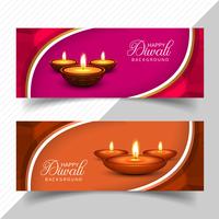 Happy diwali diya oil lamp festival headers set design vector