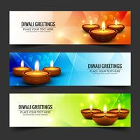 Happy diwali diya oil lamp festival headers set design vector