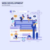 Desarrollo web concepto de diseño plano estilo azul con carácter de personas pequeñas decoradas. vector