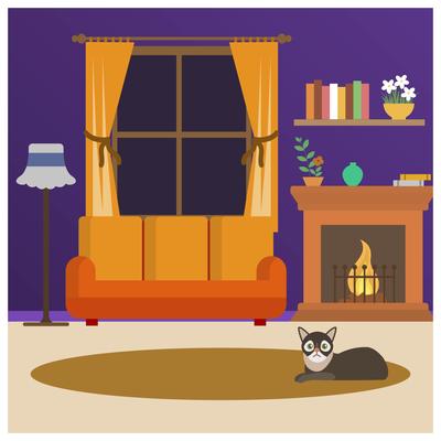 Flat Cat Sit Down in Front of Fireside Vector Illustration