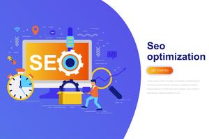 Optimización de seo banner web de concepto moderno con carácter de personas pequeñas decoradas. Plantilla de página de aterrizaje. vector