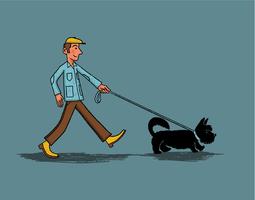 young man walking a little dog vector