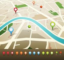 Mapa de la calle con GPS iconos de pines vector