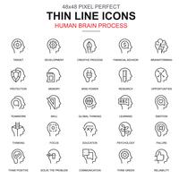 Proceso del cerebro humano de línea delgada, conjunto de iconos de características vector