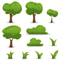 Conjunto de árboles de dibujos animados, setos y hojas de hierba vector