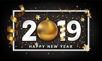 Año nuevo fondo tipográfico 2019 con elementos de adorno y rayas de bola de oro de Navidad vector