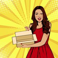 Young sexy surprised woman holding empty box pop art vector