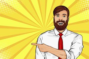 Bearded hipster man with shocked facial expression pop art vector