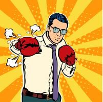 El hombre en el ejemplo del vector de los guantes de boxeo en estilo cómico del arte pop. Hombre de negocios listo para luchar y proteger su concepto de negocio. Club de lucha Boxeo y guante, fuerza boxer. Ilustración vectorial