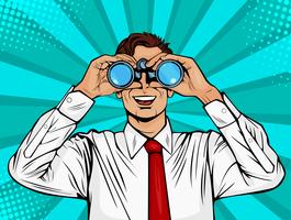 Businessman looking through binoculars pop art retro comic style vector