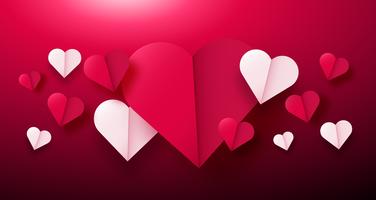 Fondo del día de San Valentín con corazones de origami de papel divididos en la mitad. vector