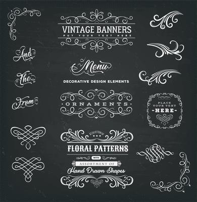 Calligraphic Frames And Banners On Chalkboard