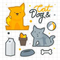 Gato y perro pegatina conjunto divertido vector