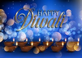 Diwali lamp background with bokeh lights vector