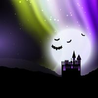 Fondo de Halloween con casa fantasmagórica y aurora boreal vector