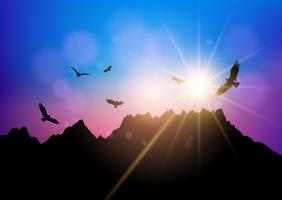 Silhouettes of birds flying against sunset sky  vector