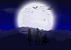 Halloween zombies against moonlit sky vector