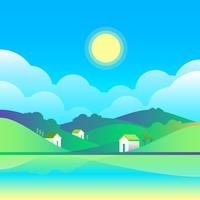 Spring Rural Landscape With Cozy Houses On A Meadow Vector Illustration