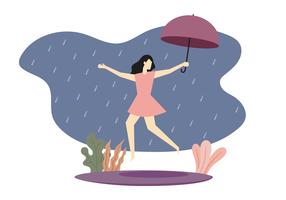 Chica saltando en día lluvioso vector
