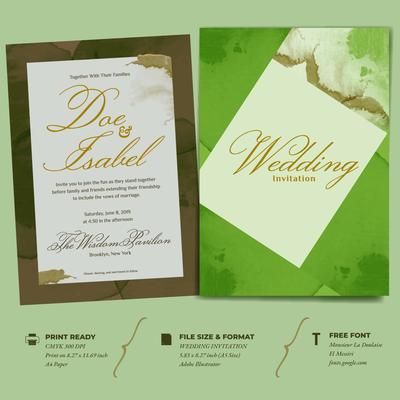 Wedding Invitation Double Side Template With Simple Geometric Watercolor Frame