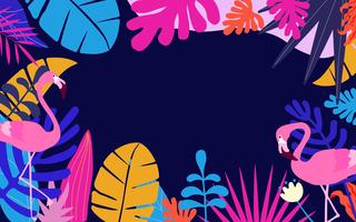 Tropical jungle leaves background with flamingos vector