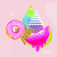 Fluid multicolored background with watermelon and donut vector illustration