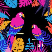 Tropical jungle leaves background with parrots vector