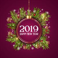 Happy New Year background with hanging bauble on fir tree branch vector