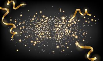 Golden sparkle particle and falling ribbon background. Vector il