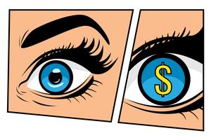 Financial monitoring of currency dollar businessman or businesswoman in comic storyboard pop art retro style. Dollar sign in eyes.  Colorful vector background in pop art retro comic 