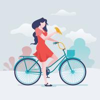 Happy Girl Riding a Bicycle with Her Pet vector