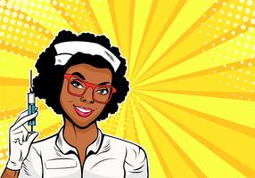 Hermosa enfermera afroamericana con una jeringa para vacunación. Medicina y asistencia sanitaria. Ilustración retro del arte pop vector