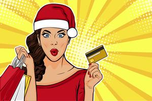 2019 New Year sales postcard or greeting card. WOW sexy young girl with bags and credit card. Vector illustration in pop art retro comic style