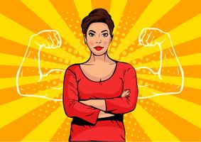 Businesswoman with muscles pop art retro style. Strong Businessman in comic style. Success concept vector illustration.