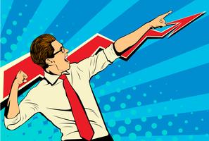 Business success businessman showing the top of the chart and screaming with joy. Retro style pop art vector illustration. White adult male Caucasian