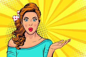 Wow pop art face of surprised fashion girl open mouth. Beautiful young woman model pointing hand, advertising gesture.  Vector bright background in pop art retro comic style.