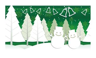 Christmas illustration with winter forest, snowmen, and bells. vector