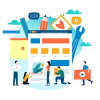 Website development, website construction, web page building process, website layout and interface development flat vector illustration design