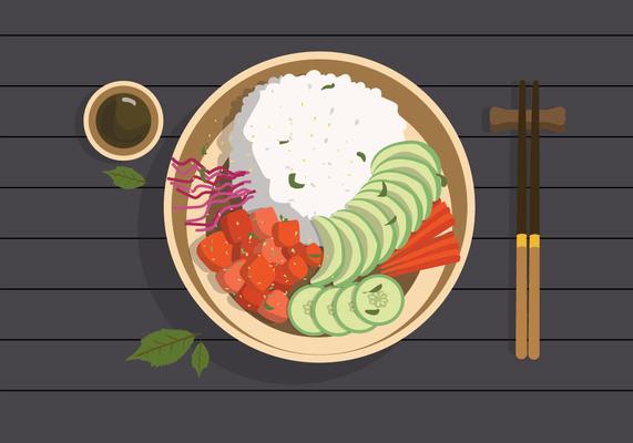 Organic Food Poke Bowl Vector Flat Illustration