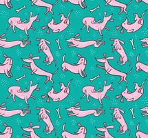 Funny fabric design. Seamless pattern with pink dogs on the blue background.