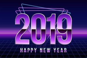 Happy New 2019 Year. Vectot illustration in retro disco style. Greeting card, poster or banner design template vector