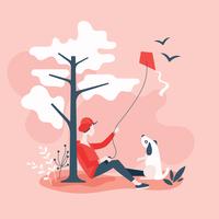 Man with Pet Flying Kite on Hill by a Tree vector
