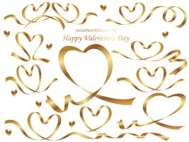 Set of gold ribbons arranged in heart shapes. vector