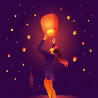 Woman Floating Taiwan Sky Lantern vector